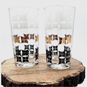 2 Vintage Highballs Retro 1960s Mid Century Modern Black White Gold Rare Design